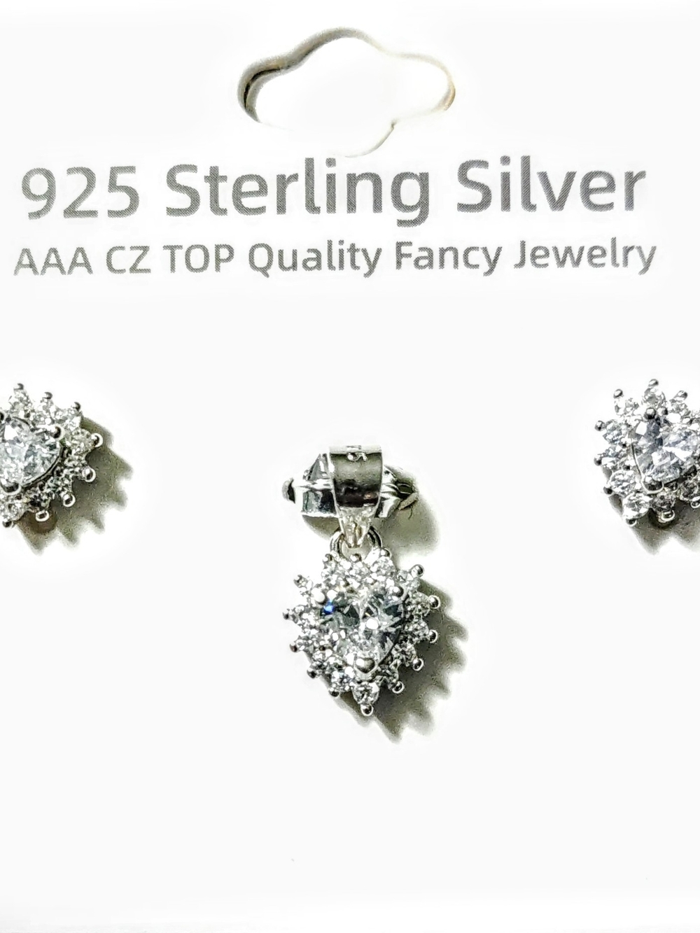 925 Sterling Silver Heart shaped CZ Pendant and Earring Set - White